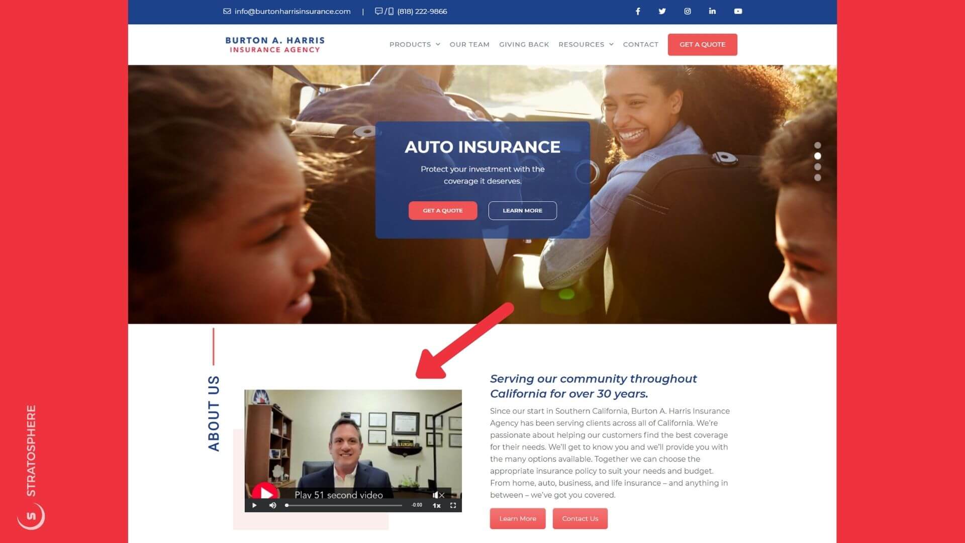 Picture of Burton Harris Insurance Agency Website Showing Owner's Video on Home Page